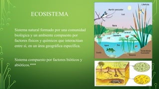 ECOSISTEMA
Sistema natural formado por una comunidad
biológica y un ambiente compuesto por
factores físicos y químicos que interactúan
entre sí, en un área geográfica específica.
Sistema compuesto por factores bióticos y
abióticos.***
 