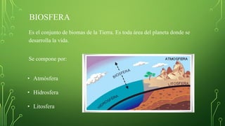 BIOSFERA
Es el conjunto de biomas de la Tierra. Es toda área del planeta donde se
desarrolla la vida.
Se compone por:
• Atmósfera
• Hidrosfera
• Litosfera
 