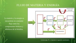FLUJO DE MATERIA Y ENERGÍA
La materia y la energía se
encuentran en constante
flujo entre los
componentes bióticos y
abióticos de la biósfera.
Lectura pág. 93. y responde el siguiente cuestionario.
 
