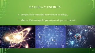 MATERIA Y ENERGÍA
• Energía: Es la capacidad para efectuar un trabajo.
• Materia: Es todo aquello que ocupa un lugar en el espacio.
 
