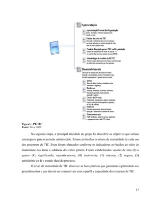 Figura3 – PETIC
Fonte: Silva, 2009

        Na segunda etapa, a principal atividade do grupo foi descobrir os objetivos que seriam
estratégicos para o período estabelecido. Foram atribuídos os níveis de maturidade de cada um
dos processos de TIC. Estes foram elencados conforme os indicadores atribuídos ao valor de
maturidade nas áreas e subáreas dos cinco pilares. Foram estabelecidos valores de zero (0) a
quatro (4), significando, sucessivamente, (0) inexistente, (1) mínimo, (2) seguro, (3)
satisfatório e (4) o estado ideal do processo.
        O nível de maturidade de TIC descreve as boas práticas que garantem legitimidade aos
procedimentos e que devem ser compatíveis com o perfil e capacidade dos recursos de TIC.




                                                                                           17
 