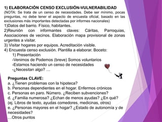 1) ELABORACIÓN CENSO EXCLUSIÓN-VULNERABILIDAD 
(NOTA: Se trata de un censo de necesidades. Debe ser mínimo, pocas 
preguntas, no debe tener el aspecto de encuesta oficial, basado en las 
exclusiones más importantes detectadas por informes nacionales) 
1)Datos del barrio. Físico, habitantes. 
2)Reunión con informantes claves: Cáritas, Parroquias, 
Asociaciones de vecinos. Elaboración mapa provisional de zonas 
urgentes a visitar. 
3) Visitar hogares por equipos. Acreditación visible. 
4) Encuesta censo exclusión. Plantilla a elaborar. Boceto: 
1) Presentación 
-Venimos de Podemos (breve) Somos voluntarios 
-Estamos haciendo un censo de necesidades 
-¿Necesitan algo? … 
Preguntas CLAVE: 
a. ¿Tienen problemas con la hipoteca? 
b. Personas dependientes en el hogar. Enfermos crónicos 
c. Personas en paro. Número. ¿Reciben subvenciones? 
d. ¿Familia numerosa? ¿Echan de menos ayudas? ¿En qué? 
(ej. Libros de texto, ayudas comedores, medicinas, otros) 
e. ¿Personas mayores en el hogar? ¿Estado de autonomía y de 
necesidades? 
…Otros puntos 
 