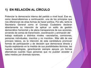 1) EN RELACIÓN AL CÍRCULO 
Potenciar la democracia interna del partido a nivel local. Ese es, 
como desarrollaremos a continuación, una de los principios que 
nos diferencian de otras formas de hacer política. Por ello, tanto la 
Secretaría General como el Consejo Ciudadano declaran 
abiertamente su intención de aplicar un estilo de gestión 
democrático horizontal y de plena transparencia de sus acciones, 
sirviendo de correa de transmisión, coordinación y animación del 
trabajo realizado a distintos niveles –secretarías, comisiones, 
personas individuales, inscritos y no inscritos-. Más allá de ese 
principio básico, es la intención de esta candidatura promover 
formas de participación y de decisión que democracia directa y 
líquida explotando en la medida de sus posibilidades técnicas, las 
nuevas tecnologías, garantizando siempre apoyos y/o formas 
alternativas cuando haya personas que no puedan acceder a 
tales medios por diversas razones. 
 