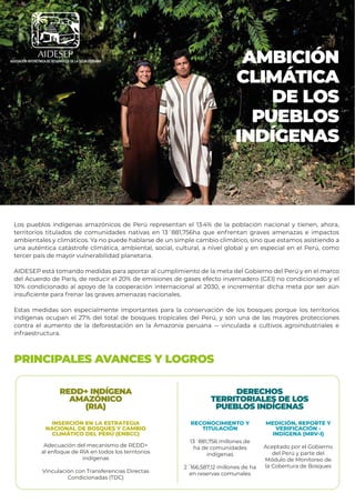 PRINCIPALES AVANCES Y LOGROS
DERECHOS
TERRITORIALES DE LOS
PUEBLOS INDÍGENAS
RECONOCIMIENTO Y
TITULACIÓN
13´881,756 millones de
ha de comunidades
indígenas
2´166,587,12 millones de ha
en reservas comunales
MEDICIÓN, REPORTE Y
VERIFICACIÓN -
INDÍGENA (MRV-I)
Aceptado por el Gobierno
del Perú y parte del
Módulo de Monitoreo de
la Cobertura de Bosques
REDD+ INDÍGENA
AMAZÓNICO
(RIA)
INSERCIÓN EN LA ESTRATEGIA
NACIONAL DE BOSQUES Y CAMBIO
CLIMÁTICO DEL PERÚ (ENBCC)
Adecuación del mecanismo de REDD+
al enfoque de RIA en todos los territorios
indígenas
Vinculación con Transferencias Directas
Condicionadas (TDC)
AMBICIÓN
CLIMÁTICA
DE LOS
PUEBLOS
INDÍGENAS
Los pueblos indígenas amazónicos de Perú representan el 13.4% de la población nacional y tienen, ahora,
territorios titulados de comunidades nativas en 13´881,756ha que enfrentan graves amenazas e impactos
ambientales y climáticos. Ya no puede hablarse de un simple cambio climático, sino que estamos asistiendo a
una auténtica catástrofe climática, ambiental, social, cultural, a nivel global y en especial en el Perú, como
tercer país de mayor vulnerabilidad planetaria.
AIDESEP está tomando medidas para aportar al cumplimiento de la meta del Gobierno del Perú y en el marco
del Acuerdo de París, de reducir el 20% de emisiones de gases efecto invernadero (GEI) no condicionado y el
10% condicionado al apoyo de la cooperación internacional al 2030, e incrementar dicha meta por ser aún
insuﬁciente para frenar las graves amenazas nacionales.
Estas medidas son especialmente importantes para la conservación de los bosques porque los territorios
indígenas ocupan el 27% del total de bosques tropicales del Perú, y son una de las mayores protecciones
contra el aumento de la deforestación en la Amazonía peruana -- vinculada a cultivos agroindustriales e
infraestructura.
ASOCIACIÓN INTERÉTNICA DE DESARROLLO DE LA SELVA PERUANA
ASOCIACIÓN INTERÉTNICA DE DESARROLLO DE LA SELVA PERUANA
 