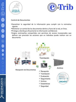 Control de Documentos Garantizar la seguridad de la información para cumplir con la normativa vigente. Mantener un control de los documentos dentro y fuera de la red, en línea. Protege y distribuye eficazmente la información confidencial.  Asigna contraseñas compartidas con permisos de acceso incorporados que definen con precisión las acciones que un individuo puede realizar con un documento.  Recepción de Documentos Tramitación Archivo Recepción Tramitación Evaluación Seguimiento Archivo Estadísticas Seguridad 
