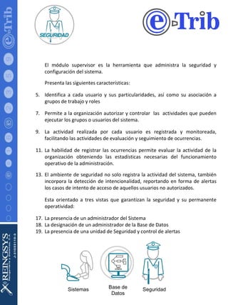 El módulo supervisor es la herramienta que administra la seguridad y configuración del sistema. Presenta las siguientes características: Identifica a cada usuario y sus particularidades, así como su asociación a grupos de trabajo y roles Permite a la organización autorizar y controlar  las  actividades que pueden ejecutar los grupos o usuarios del sistema. La actividad realizada por cada usuario es registrada y monitoreada, facilitando las actividades de evaluación y seguimiento de ocurrencias. La habilidad de registrar las ocurrencias permite evaluar la actividad de la organización obteniendo las estadísticas necesarias del funcionamiento operativo de la administración. El ambiente de seguridad no solo registra la actividad del sistema, también incorpora la detección de intencionalidad, reportando en forma de alertas los casos de intento de acceso de aquellos usuarios no autorizados. Esta orientado a tres vistas que garantizan la seguridad y su permanente operatividad: La presencia de un administrador del Sistema La designación de un administrador de la Base de Datos La presencia de una unidad de Seguridad y control de alertas Sistemas Base de Datos Seguridad 