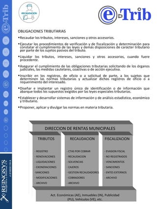 OBLIGACIONES TRIBUTARIAS Recaudar los tributos, intereses, sanciones y otros accesorios.  Ejecutar los procedimientos de verificación y de fiscalización y determinación para constatar el cumplimiento de las leyes y demás disposiciones de carácter tributario por parte de los sujetos pasivos del tributo.  Liquidar los tributos, intereses, sanciones y otros accesorios, cuando fuere procedente.  Asegurar el cumplimiento de las obligaciones tributarias solicitando de los órganos judiciales, las medidas cautelares, coactivas o de acción ejecutiva. Inscribir en los registros, de oficio o a solicitud de parte, a los sujetos que determinen las normas tributarias y actualizar dichos registros de oficio o a requerimiento del interesado.  Diseñar e implantar un registro único de identificación o de información que abarque todos los supuestos exigidos por las leyes especiales tributarias.  Establecer y desarrollar sistemas de información y de análisis estadístico, económico y tributario.  Proponer, aplicar y divulgar las normas en materia tributaria.  TRIBUTOS RECAUDACION FISCALIZACION - REGISTRO RENOVACIONES - LIQUIDACIONES EXONERACIONES SANCIONES MODIFICACIONES  - ARCHIVO - CTAS POR COBRAR RECAUDACION - SOLVENCIAS CAJEROS GESTION RECAUDADORES COBRADORES - ARCHIVO - EVASION FISCAL NO REGISTRADOS - VENCIMIENTOS SANCIONES ENTES EXTERNOS - ARCHIVO DIRECCION DE RENTAS MUNICIPALES Act. Económicas (AE), Inmuebles (IN), Publicidad (PU), Vehículos (VE), etc. 