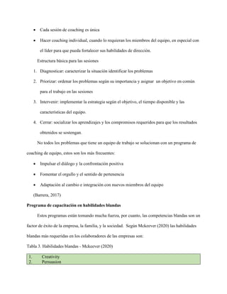 • Cada sesión de coaching es única
• Hacer coaching individual, cuando lo requieran los miembros del equipo, en especial con
el líder para que pueda fortalecer sus habilidades de dirección.
Estructura básica para las sesiones
1. Diagnosticar: caracterizar la situación identificar los problemas
2. Priorizar: ordenar los problemas según su importancia y asignar un objetivo en común
para el trabajo en las sesiones
3. Intervenir: implementar la estrategia según el objetivo, el tiempo disponible y las
características del equipo.
4. Cerrar: socializar los aprendizajes y los compromisos requeridos para que los resultados
obtenidos se sostengan.
No todos los problemas que tiene un equipo de trabajo se solucionan con un programa de
coaching de equipo, estos son los más frecuentes:
• Impulsar el diálogo y la confrontación positiva
• Fomentar el orgullo y el sentido de pertenencia
• Adaptación al cambio e integración con nuevos miembros del equipo
(Barrera, 2017)
Programa de capacitación en habilidades blandas
Estos programas están tomando mucha fuerza, por cuanto, las competencias blandas son un
factor de éxito de la empresa, la familia, y la sociedad. Según Mckeever (2020) las habilidades
blandas más requeridas en los colaboradores de las empresas son:
Tabla 3. Habilidades blandas - Mckeever (2020)
1. Creativity
2. Persuasion
 