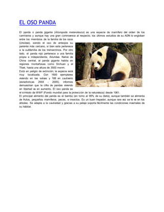 EL OSO PANDA 
El panda o panda gigante (Ailuropoda melanoleuca) es una especie de mamífero del orden de los 
carnívoros y aunque hay una gran controversia al respecto, los últimos estudios de su ADN lo engloban 
entre los miembros de la familia de los osos 
(Ursidae), siendo el oso de anteojos su 
pariente más cercano, si bien este pertenece 
a la subfamilia de los tremarctinos. Por otro 
lado, el panda rojo pertenece a una familia 
propia e independiente; Ailuridae. Nativo de 
China central, el panda gigante habita en 
regiones montañosas como Sichuan y el 
Tíbet, hasta una altura de 3500 msnm. 
Está en peligro de extinción; la especie está 
muy localizada. Con 1600 ejemplares 
viviendo en las selvas y 188 en cautiverio 
(estadísticas 2004 - 2005), informes 
demuestran que la cifra de pandas viviendo 
en libertad va en aumento. El oso panda es 
el símbolo de WWF (Fondo mundial para la protección de la naturaleza) desde 1961. 
El principal alimento del panda es el bambú (en torno al 99% de su dieta), aunque también se alimenta 
de frutos, pequeños mamíferos, peces, e insectos. Es un buen trepador, aunque rara vez se le ve en los 
árboles. Se adapta a la cautividad y gracias a su pelaje soporta fácilmente las condiciones invernales de 
su hábitat. 
