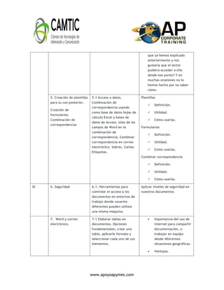 www.apoyoapymes.com
que ya hemos explicado
anteriormente y nos
gustaría que el lector
pudiera acceder a ello
desde ese punto? Y en
muchas ocasiones no lo
hemos hecho por no saber
cómo.
5. Creación de plantillas
para su uso posterior.
Creación de
formularios.
Combinación de
correspondencia:
5.1 Acceso a datos.
Combinación de
correspondencia usando
como base de datos hojas de
cálculo Excel y bases de
datos de Access. Usos de los
campos de Word en la
combinación de
correspondencia. Combinar
correspondencia en correo
electrónico. Sobres. Cartas.
Etiquetas.
Plantillas
 Definición.
 Utilidad.
 Cómo usarlas.
Formularios
 Definición.
 Utilidad.
 Cómo usarlas.
Combinar correspondencia
 Definición.
 Utilidad.
 Cómo usarlas.
III 6. Seguridad 6.1. Herramientas para
controlar el acceso a los
documentos en entornos de
trabajo donde usuarios
diferentes pueden utilizar
una misma máquina.
Aplicar niveles de seguridad en
nuestros documentos
7. Word y correo
electrónico.
7.1 Elaborar tablas en
documentos. Opciones
fundamentales: crear una
tabla, aplicarle formato y
seleccionar cada uno de sus
elementos.
 Importancia del uso de
internet para compartir
documentación, o
trabajar en equipo
desde diferentes
situaciones geográficas.
 Ventajas.
 
