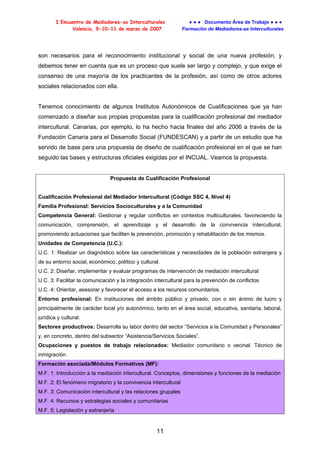 I Encuentro de Mediadores-as Interculturales
Valencia, 9-10-11 de marzo de 2007

● ● ● Documento Área de Trabajo ● ● ●
For...