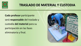 TRASLADO DE MATERIAL Y CUSTODIA
Cada profesor participante
será responsable del traslado y
custodia del material para su
participación en las fases
eliminatoria y final.
 