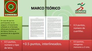 MARCO TEÓRICO
• 0.5 puntos, interlineados.
En caso de que los
participantes no se
apeguen al lineamiento
señalado en el formato
oficial para la elaboración
del Marco Teórico, se
penalizará de la siguiente
manera:
• 0.5 puntos,
número de
cuartillas.
• 0.5 puntos,
márgenes
menores a 2 cms.
• 0.5 puntos,
número y tipo
de letra.
 