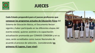 JUECES
Cada Estado propondrá para el jueceo profesores que
conozcan los programas actuales de Educación Física del
Sistema de Educación Básica, el Documento Rector
vigente y haber participado en las diferentes etapas del
evento estatal, quienes asistirán a la capacitación-
actualización promovida por CONADE-CONDEBA y en su
caso, serán acreditados como Jueces Nacionales de
acuerdo al proceso de selección, (considerando los
primeros 45 lugares, 9 por nivel).
 