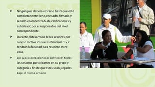  Ningún juez deberá retirarse hasta que esté
completamente lleno, revisado, firmado y
sellado el concentrado de calificaciones y
autorizado por el responsable del nivel
correspondiente.
 Durante el desarrollo de las sesiones por
ningún motivo los Jueces Principal, 1 y 2
tendrán la facultad para reunirse entre
ellos.
 Los jueces seleccionados calificarán todas
las sesiones participantes en su grupo y
categoría a fin de que éstas sean juzgadas
bajo el mismo criterio.
 