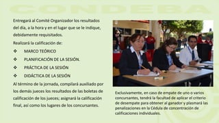 Entregará al Comité Organizador los resultados
del día, a la hora y en el lugar que se le indique,
debidamente requisitados.
Realizará la calificación de:
 MARCO TEÓRICO
 PLANIFICACIÓN DE LA SESIÓN.
 PRÁCTICA DE LA SESIÓN
 DIDÁCTICA DE LA SESIÓN
Al término de la jornada, compilará auxiliado por
los demás jueces los resultados de las boletas de
calificación de los jueces; asignará la calificación
final, así como los lugares de los concursantes.
Exclusivamente, en caso de empate de uno o varios
concursantes, tendrá la facultad de aplicar el criterio
de desempate para obtener al ganador y plasmará las
penalizaciones en la Cédula de concentración de
calificaciones individuales.
 