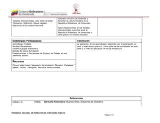 PROGRAMA NACIONAL DE FORMACIÓN EN CONTADURÍA PÚBLICA
Página 176
Tratados Internacionales para evitar la Doble
Tributación. Definición. Bases Legales.
Aplicación en el contexto Nacional.
tributaria con el fin de incentivar y
fomentar la cultura tributaria en la
Republica Bolivariana de Venezuela
Aplica disposiciones en los tratados
internacionales suscritos entre la
Republica Bolivariana de Venezuela y
otros países en materia tributaria.
Estrategias Pedagógicas Valoración
Aprendizaje mediado
Núcleos Generadores
Dinámica grupal asincrónica
Estudio de casos. Simulación
Presentaciones y Discusiones de Equipos de Trabajo en sus
diferentes formas.
.
La valoración de los aprendizajes adquiridos por el participante se
hará, a nivel teórico-práctico, como parte de las actividades de este
taller y, a nivel de aplicación, en el Eje Proyecto III.
Recursos
Pizarra, video beam, laboratorio de simulación. Borrador. Carteleras
aéreas. Textos. Transporte. Recursos instruccionales.
Referencias
Guliani, C. (1993) Derecho Financiero. Buenos Aires, Ediciones de Desalma
 