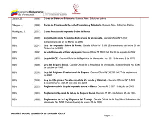PROGRAMA NACIONAL DE FORMACIÓN EN CONTADURÍA PÚBLICA
Página 177
Jarach, D. (1998) Curso de Derecho Tributario. Buenos Aires. Ediciones palma
Villegas H. (1998) Curso de Finanzas de Derecho Financiero y Tributario. Buenos Aires. Ediciones Palma.
Rodríguez, J. (2007) Curso Practico de Impuesto Sobre la Renta
RBV (2000) Constitución de la República Bolivariana de Venezuela, Gaceta Oficial Nº 5.453
Extraordinario del 24 de Marzo de 2000
RBV (2001) Ley de Impuesto Sobre la Renta. Gaceta Oficial N° 5.566 (Extraordinaria) de fecha 28 de
Diciembre del 2001
RBV 2002 Ley del Impuesto al Valor Agregado Gaceta Oficial Nº 5601 Ext. Del 30 de agosto de 2002
RBV (1970) Ley del INCE. Gaceta Oficial de la Republica de Venezuela. No. 29115 de enero 8 de 1970.
RBV (1999) Ley del Seguro Social. Gaceta Oficial de la República de Venezuela. (Extraordinaria No. 5396
de octubre de 1999.
RBV (2005) Ley del Régimen Prestacional de Empleo. Gaceta Oficial Nº 38.281 del 27 de septiembre
de 2005
RBV (2008) Ley del Régimen Prestacional de Vivienda y Hábitat.- Gaceta Oficial Nº 5.889
Extraordinario, del 31 de julio de 2008
RBV (2003) Reglamento de la Ley de Impuesto sobre la Renta. Decreto N° 2.507 11 de julio de 2003
RBV (1993) Reglamento General de la Ley de Seguro Social. Decreto Nº 2814 de febrero 25, de 1993.
RBV (1999) Reglamento de la Ley Orgánica del Trabajo. Gaceta Oficial de la República Bolivariana de
Venezuela No. 5292 (Extraordinaria) de enero, 25 de 1999
 
