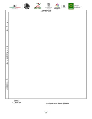 34
ACTIVIDADES
I
N
I
C
I
O
D
E
S
A
R
R
O
L
L
O
C
I
E
R
R
E
SELLO
CONDEBA Nombre y firma del participante
 