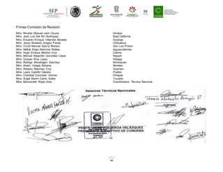 46
Firmas Comisión de Revisión
Mtro. Ricardo Manuel León Osuna Sinaloa
Mtro. José Luis Del Rio Rodríguez Baja California
Mtro. Eduardo Enrique Villarreal Morales Durango
Mtro. Jesús Modesto Aragón Porras Chihuahua
Mtro. Víctor Manuel García Moreno San Luis Potosí
Mtro. Neftalí Eligio Martínez Robles Aguascalientes
Mtro. Hugo Enrique Medina Cruz Colima
Mtro. Manuel Alejandro González López Nayarit
Mtro. Octavio Ríos López Hidalgo
Mtro. Rodrigo Mondragón Sánchez Michoacán
Mtro. Álvaro Vargas Bahena Morelos
Mtro. Roberto Martínez Cruz Guerrero
Mtra. Laura Castillo Cabrera Puebla
Mtro. Cristóbal Coronado Gómez Chiapas
Mtro. Ángel Martín Canto Avilés Yucatán
Mtra. Monserrath Rojas Díaz Coordinadora Técnica Nacional
 