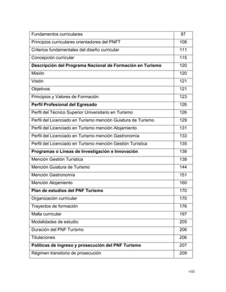 viii
Fundamentos curriculares 97
Principios curriculares orientadores del PNFT 108
Criterios fundamentales del diseño curricular 111
Concepción curricular 115
Descripción del Programa Nacional de Formación en Turismo 120
Misión 120
Visión 121
Objetivos 121
Principios y Valores de Formación 123
Perfil Profesional del Egresado 126
Perfil del Técnico Superior Universitario en Turismo 126
Perfil del Licenciado en Turismo mención Guiatura de Turismo 129
Perfil del Licenciado en Turismo mención Alojamiento 131
Perfil del Licenciado en Turismo mención Gastronomía 133
Perfil del Licenciado en Turismo mención Gestión Turística 135
Programas o Líneas de Investigación e Innovación 138
Mención Gestión Turística 138
Mención Guiatura de Turismo 144
Mención Gastronomía 151
Mención Alojamiento 160
Plan de estudios del PNF Turismo 170
Organización curricular 170
Trayectos de formación 176
Malla curricular 197
Modalidades de estudio 205
Duración del PNF Turismo 206
Titulaciones 206
Políticas de ingreso y prosecución del PNF Turismo 207
Régimen transitorio de prosecución 209
 