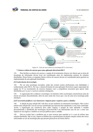 TRIBUNAL DE CONTAS DA UNIÃO TC 031.044/2019-0
22
Figura 10 – Áreas de riscos relativos às tecnologias DLTs e blockchain.
7. Fatores críticos de sucesso para uma aplicação blockchain/DLT
141. Para facilitar as chances de sucesso, a equipe do levantamento elencou seis fatores que as áreas de
tecnologia da informação devem levar em consideração antes de implementar projetos de soluções
distribuídas. Dessa forma, os seguintes fatores críticos de sucesso devem ser considerados pelos gestores na
implementação de uma aplicação distribuída:
[1] Conhecimento da tecnologia
142. Por ser uma tecnologia inovadora, ainda não existem muitos profissionais com habilidades e
conhecimento sobre DLTs. Por isso, o desenvolvimento de uma aplicação blockchain requer capacitação da
equipe de TI ou recrutamento de recursos humanos com a competência necessária para operar redes
distribuídas peer-to-peer e escrever contratos inteligentes.
143. A organização deve conhecer a tecnologia e ter domínio sobre as principais características antes de
iniciar um projeto descentralizado, além de estar ciente dos riscos que o uso de uma nova tecnologia pode
introduzir.
[2] É necessário justificar o uso (mensurar o impacto para o negócio e para o cidadão)
144. A adoção de uma solução DLT não deve ser por modismo ou entusiasmo tecnológico. Não se deve
utilizar uma solução DLT em um serviço centralizado que funciona bem atualmente e com custo controlado.
Assim, a organização (ou consórcio) deve saber explicar o porquê de estar adotando o modelo
descentralizado e distribuído das tecnologias blockchain/DLT em determinado caso de uso e como isso
impacta no seu negócio e melhora os serviços públicos para o cidadão.
145. Deve-se avaliar bem o problema que se quer resolver para entender se é o caso de utilizar uma
solução distribuída. Não só isso, espera-se também que os profissionais do projeto estejam cientes dos riscos
relacionados ao uso da tecnologia para que possam gerenciá-los de forma efetiva.
Para verificar as assinaturas, acesse www.tcu.gov.br/autenticidade, informando o código 64747203.
 