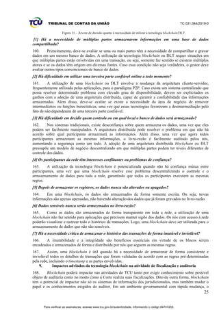 TRIBUNAL DE CONTAS DA UNIÃO TC 031.044/2019-0
25
Figura 11 – Árvore de decisão quanto à necessidade de utilizar a tecnologia blockchain/DLT.
[1] Há a necessidade de múltiplas partes armazenarem informações em uma base de dados
compartilhada?
160. Primeiramente, deve-se avaliar se uma ou mais partes têm a necessidade de compartilhar e gravar
dados em um mesmo banco de dados. A utilização da tecnologia blockchain ou DLT requer situações em
que múltiplas partes estão envolvidas em uma transação, ou seja, somente faz sentido se existem múltiplos
atores e se os dados têm origem em diversas fontes. Caso essa condição não seja verdadeira, o gestor deve
avaliar outros tipos convencionais de banco de dados.
[2] Há dificuldade em utilizar uma terceira parte confiável online a todo momento?
161. A utilização de uma blockchain ou DLT envolve a mudança da arquitetura cliente-servidor,
frequentemente utilizada pelas aplicações, para o paradigma P2P. Caso exista um sistema centralizado que
possa resolver determinado problema com elevado grau de disponibilidade, devem ser explicitados os
ganhos com a adoção de uma arquitetura distribuída, capaz de garantir a confiabilidade das informações
armazenadas. Além disso, deve-se avaliar se existe a necessidade da área de negócio de remover
intermediários ou funções burocráticas, uma vez que essas tecnologias favorecem a desintermediação pelo
fato de não dependerem de uma terceira parte confiável.
[3] Há dificuldade em decidir quem controla ou em qual local o banco de dados será armazenado?
162. Nos sistemas tradicionais, existe desconfiança sobre quem armazena os dados, uma vez que eles
podem ser facilmente manipulados. A arquitetura distribuída pode resolver o problema em que não há
acordo sobre qual participante armazenará as informações. Além disso, uma vez que agora todos
participantes armazenam as mesmas informações, o livro-razão é facilmente auditado pelos nós,
aumentando a segurança como um todo. A adoção de uma arquitetura distribuída blockchain ou DLT
pressupõe um modelo de negócio descentralizado em que múltiplas partes podem ter níveis diferentes de
controle dos dados.
[4] Os participantes da rede têm interesses conflitantes ou problemas de confiança?
163. A utilização da tecnologia blockchain é potencializada quando não há confiança mútua entre
participantes, uma vez que uma blockchain resolve esse problema descentralizando o controle e o
armazenamento de dados para toda a rede, garantindo que todos os participantes executem as mesmas
regras.
[5] Depois de armazenar os registros, os dados nunca são alterados ou apagados?
164. Em uma blockchain, os dados são armazenados de forma somente escrita. Ou seja, novas
informações são apenas apensadas, não havendo alteração dos dados que já foram gravados no livro-razão.
[6] Dados sensíveis nunca serão armazenados no livro-razão?
165. Como os dados são armazenados de forma transparente em toda a rede, a utilização de uma
blockchain não faz sentido para aplicações que precisem manter sigilo dos dados. Os nós com acesso à rede
poderão visualizar e rastrear todo o histórico de transações. Logo, uma blockchain deve ser utilizada para o
armazenamento de dados que não são sensíveis.
[7] Há a necessidade crítica de armazenar o histórico das transações de forma imutável e inviolável?
166. A imutabilidade e a integridade são benefícios essenciais em virtude de os blocos serem
encadeados e armazenados de forma e distribuída por nós que seguem as mesmas regras.
167. Assim, uma blockchain é útil quando há a necessidade de armazenar de forma consistente e
inviolável todos os detalhes de transações que foram validadas de acordo com as regras pré-determinadas
pela rede, incluindo o timestamp e as partes envolvidas.
9. Impactos advindos da tecnologia blockchain na atividade de fiscalização e auditoria
168. Blockchain poderá impactar nas atividades do TCU tanto por exigir conhecimento sobre possível
objeto de auditaria como no modo como a Corte realiza suas fiscalizações. Dito de outra forma, blockchain
tem o potencial de impactar não só os sistemas de informação dos jurisdicionados, mas também mudar o
papel e os conhecimentos exigidos do auditor. Em um ambiente governamental com rápida mudança, o
Para verificar as assinaturas, acesse www.tcu.gov.br/autenticidade, informando o código 64747203.
 