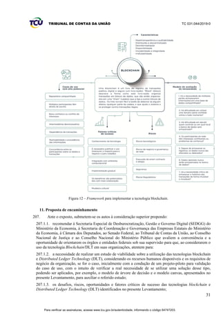 TRIBUNAL DE CONTAS DA UNIÃO TC 031.044/2019-0
31
Figura 12 – Framework para implementar a tecnologia blockchain.
11. Proposta de encaminhamento
207. Ante o exposto, submetem-se os autos à consideração superior propondo:
207.1.1. recomendar à Secretaria Especial de Desburocratização, Gestão e Governo Digital (SEDGG) do
Ministério da Economia, à Secretaria de Coordenação e Governança das Empresas Estatais do Ministério
da Economia, à Câmara dos Deputados, ao Senado Federal, ao Tribunal de Contas da União, ao Conselho
Nacional de Justiça e ao Conselho Nacional do Ministério Público que avaliem a conveniência e a
oportunidade de orientarem os órgãos e entidades federais sob sua supervisão para que, ao considerarem o
uso da tecnologia Blockchain/DLT em suas organizações, atentem para:
207.1.2. a necessidade de realizar um estudo de viabilidade sobre a utilização das tecnologias blockchain
e Distributed Ledger Technology (DLT), considerando os recursos humanos disponíveis e os requisitos de
negócio da organização, se for o caso, inicialmente com a condução de um projeto-piloto para validação
do caso de uso, com o intuito de verificar a real necessidade de se utilizar uma solução desse tipo,
podendo ser aplicados, por exemplo, o modelo de árvore de decisão e o modelo canvas, apresentados no
presente Levantamento, para auxiliar o referido estudo;
207.1.3. os desafios, riscos, oportunidades e fatores críticos de sucesso das tecnologias blockchain e
Distributed Ledger Technology (DLT) identificados no presente Levantamento;
Para verificar as assinaturas, acesse www.tcu.gov.br/autenticidade, informando o código 64747203.
 