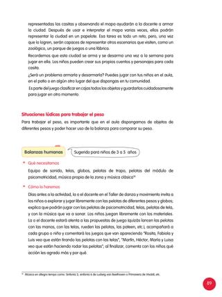 89
Balanzas humanas
	 Qué necesitamos
	 Equipo de sonido, telas, globos, pelotas de trapo, pelotas del módulo de
psicomotricidad, música propia de la zona y música clásica10
	 Cómo lo haremos
	 Días antes a la actividad, la o el docente en el Taller de danza y movimiento invita a
los niños a explorar y jugar libremente con las pelotas de diferentes pesos y globos;
explica que podrán jugar con las pelotas de psicomotricidad, telas, pelotas de tela,
y con la música que va a sonar. Los niños juegan libremente con los materiales.
La o el docente estará atenta a las propuestas de juego (quizás lancen las pelotas
con las manos, con las telas, rueden las pelotas, las pateen, etc.), acompañará a
cada grupo o niño y comentará los juegos que van apareciendo “Rosita, Fabiola y
Luis veo que están tirando las pelotas con las telas”, “Martín, Héctor, María y Luisa
veo que están haciendo rodar las pelotas”; al finalizar, comenta con los niños qué
acción les agrado más y por qué.
Sugerido para niños de 3 a 5 años
representadas las casitas y observando el mapa ayudarán a la docente a armar
la ciudad. Después de usar e interpretar el mapa varias veces, ellos podrán
representar la ciudad en un papelote. Esa tarea es todo un reto; pero, una vez
que lo logren, serán capaces de representar otros escenarios que visiten, como un
zoológico, un parque de juegos o una fábrica.
	 Recordemos que esta ciudad se arma y se desarma una vez a la semana para
jugar en ella. Los niños pueden crear sus propios cuentos y personajes para cada
casita.
	 ¿Será un problema armarla y desarmarla? Puedes jugar con tus niños en el aula,
en el patio o en algún otro lugar del que dispongas en tu comunidad.
	 Es parte del juego clasificar en cajas todos los objetos y guardarlos cuidadosamente
para jugar en otro momento.
Para trabajar el peso, es importante que en el aula dispongamos de objetos de
diferentes pesos y poder hacer uso de la balanza para comparar su peso.
Situaciones lúdicas para trabajar el peso
10	
Música en allegro tempo como: Sinfonía 3, sinfonía 6 de Ludwig van Beethoven o Primavera de Vivaldi, etc.
 