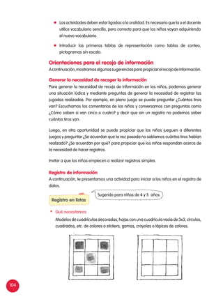104
	 Las actividades deben estar ligadas a la oralidad. Es necesario que la o el docente
utilice vocabulario sencillo, pero correcto para que los niños vayan adquiriendo
el nuevo vocabulario.
	 Introducir las primeras tablas de representación como tablas de conteo,
pictogramas sin escala.
Orientaciones para el recojo de información
Generar la necesidad de recoger la información
Registro de información
Acontinuación,mostramosalgunassugerenciasparapropiciarelrecojodeinformación.
Para generar la necesidad de recojo de información en los niños, podemos generar
una situación lúdica y mediante preguntas de generar la necesidad de registrar las
jugadas realizadas. Por ejemplo, en pleno juego se puede preguntar ¿Cuántos tiros
van? Escuchamos los comentarios de los niños y conversamos con preguntas como
¿Cómo saben si van cinco o cuatro? y decir que sin un registro no podemos saber
cuántos tiros van.
Luego, en otra oportunidad se puede propiciar que los niños jueguen a diferentes
juegos y preguntar ¿Se acuerdan que la vez pasada no sabíamos cuántos tiros habían
realizado? ¿Se acuerdan por qué? para propiciar que los niños respondan acerca de
la necesidad de hacer registros.
Invitar a que los niños empiecen a realizar registros simples.
A continuación, te presentamos una actividad para iniciar a los niños en el registro de
datos.
Registro en listas
	 Qué necesitamos
	 Modelos de cuadrículas decoradas, hojas con una cuadrícula vacía de 3x3, círculos,
cuadrados, etc. de colores o stickers, gomas, crayolas o lápices de colores.
Sugerido para niños de 4 y 5 años
 