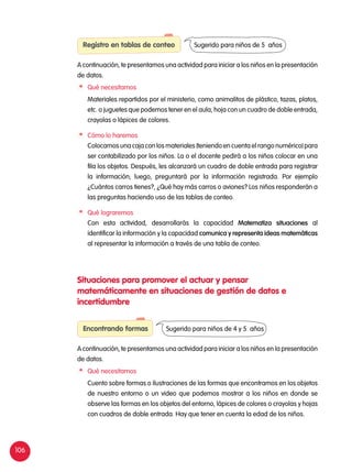 106
A continuación, te presentamos una actividad para iniciar a los niños en la presentación
de datos.
A continuación, te presentamos una actividad para iniciar a los niños en la presentación
de datos.
Registro en tablas de conteo
	 Qué necesitamos
	 Materiales repartidos por el ministerio, como animalitos de plástico, tazas, platos,
etc. o juguetes que podemos tener en el aula, hoja con un cuadro de doble entrada,
crayolas o lápices de colores.
	 Cómo lo haremos
	 Colocamos una caja con los materiales (teniendo en cuenta el rango numérico) para
ser contabilizado por los niños. La o el docente pedirá a los niños colocar en una
fila los objetos. Después, les alcanzará un cuadro de doble entrada para registrar
la información; luego, preguntará por la información registrada. Por ejemplo
¿Cuántos carros tienes?, ¿Qué hay más carros o aviones? Los niños responderán a
las preguntas haciendo uso de las tablas de conteo.
	 Qué lograremos
	 Con esta actividad, desarrollarás la capacidad Matematiza situaciones al
identificar la información y la capacidad comunica y representa ideas matemáticas
al representar la información a través de una tabla de conteo.
	 Qué necesitamos
	 Cuento sobre formas o ilustraciones de las formas que encontramos en los objetos
de nuestro entorno o un video que podemos mostrar a los niños en donde se
observe las formas en los objetos del entorno, lápices de colores o crayolas y hojas
con cuadros de doble entrada. Hay que tener en cuenta la edad de los niños.
Sugerido para niños de 5 años
Encontrando formas Sugerido para niños de 4 y 5 años
Situaciones para promover el actuar y pensar
matemáticamente en situaciones de gestión de datos e
incertidumbre
 