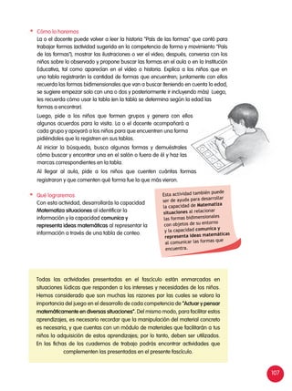 107
	 Cómo lo haremos
	 La o el docente puede volver a leer la historia "País de las formas" que contó para
trabajar formas (actividad sugerida en la competencia de forma y movimiento "País
de las formas"), mostrar las ilustraciones o ver el video; después, conversa con los
niños sobre lo observado y propone buscar las formas en el aula o en la Institución
Educativa, tal como aparecían en el video o historia. Explica a los niños que en
una tabla registrarán la cantidad de formas que encuentren; juntamente con ellos
recuerda las formas bidimensionales que van a buscar (teniendo en cuenta la edad,
se sugiere empezar solo con una o dos y posteriormente ir incluyendo más) Luego,
les recuerda cómo usar la tabla (en la tabla se determina según la edad las
formas a encontrar).
	 Luego, pide a los niños que formen grupos y genera con ellos
algunos acuerdos para la visita. La o el docente acompañará a
cada grupo y apoyará a los niños para que encuentren una forma
pidiéndoles que la registren en sus tablas.
	 Al iniciar la búsqueda, busca algunas formas y demuéstrales
cómo buscar y encontrar una en el salón o fuera de él y haz las
marcas correspondientes en la tabla.
	 Al llegar al aula, pide a los niños que cuenten cuántas formas
registraron y que comenten qué forma fue la que más vieron.
	 Qué lograremos
	 Con esta actividad, desarrollarás la capacidad
Matematiza situaciones al identificar la
información y la capacidad comunica y
representa ideas matemáticas al representar la
información a través de una tabla de conteo.
Esta actividad también puede
ser de ayuda para desarrollar
la capacidad de Matematiza
situaciones al relacionar
las formas bidimensionales
con objetos de su entorno
y la capacidad comunica y
representa ideas matemáticas
al comunicar las formas que
encuentra.
Todas las actividades presentadas en el fascículo están enmarcadas en
situaciones lúdicas que responden a los intereses y necesidades de los niños.
Hemos considerado que son muchas las razones por las cuales se valora la
importancia del juego en el desarrollo de cada competencia de “Actuar y pensar
matemáticamente en diversas situaciones”. Del mismo modo, para facilitar estos
aprendizajes, es necesario recordar que la manipulación del material concreto
es necesaria, y que cuentas con un módulo de materiales que facilitarán a tus
niños la adquisición de estos aprendizajes; por lo tanto, deben ser utilizados.
En las fichas de los cuadernos de trabajo podrás encontrar actividades que
complementen las presentadas en el presente fascículo.
 