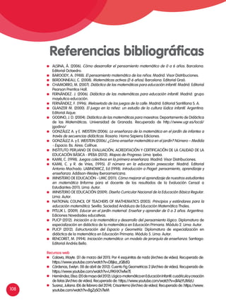 108
Referencias bibliográficas
	 ALSINA, Á. (2006). Cómo desarrollar el pensamiento matemático de 0 a 6 años. Barcelona:
Editorial Octaedro.
	 BAROODY, A. (1988). El pensamiento matemático de los niños. Madrid: Visor Distribuciones.
	 BERDONNEAU, C. (2008). Matemáticas activas (2-6 años). Barcelona: Editorial Graó.
	 CHAMORRO, M. (2007). Didáctica de las matemáticas para educación infantil. Madrid: Editorial
Pearson Prentice Hall.
	 FERNÁNDEZ. J. (2006). Didáctica de las matemáticas para educación infantil. Madrid: grupo
mayéutica-educación.
	 FERNÁNDEZ, F. (1996). Melosetodo de los juegos de la calle. Madrid: Editorial Santillana S. A.
	 GLANZER M. (2000). El juego en la niñez: un estudio de la cultura lúdica infantil. Argentina:
Editorial Aique.
	 GODINO, J. D. (2004). Didáctica de las matemáticas para maestros. Departamento de Didáctica
de las Matemáticas. Universidad de Granada. Recuperado de http://www.ugr.es/local/
jgodino/
	 GONZÁLEZ A. y E. WEISTEIN (2006). La enseñanza de la matemática en el jardín de infantes a
través de secuencias didácticas. Rosario: Homo Sapiens Ediciones.
	 GONZÁLEZ A. y E. WEISTEIN (2006). ¿Cómo enseñar matemática en el jardín? Número – Medida
- Espacio. Bs. Aires: Colihue.
	 INSTITUTO PERUANO DE EVALUACIÓN, ACREDITACIÓN Y CERTIFICACIÓN DE LA CALIDAD DE LA
EDUCACIÓN BÁSICA - IPEBA (2012). Mapas de Progreso. Lima: Ipeba.
	 KAMII, C. (1998). Juegos colectivos en la primera enseñanza. Madrid: Visor Distribuciones.
	 KAMII, C. y R. de Vries, (1995). El número en la educación preescolar. Madrid: Editorial
Antonio Machado. LABINOWICZ, Ed (1998). Introducción a Piaget: pensamiento, aprendizaje y
enseñanza. Addison-Wesley Iberoamericana.
	 MINISTERIO DE EDUCACIÓN - UMC (2011). Cómo mejorar el aprendizaje de nuestros estudiantes
en matemática (Informe para el docente de los resultados de la Evaluación Censal a
Estudiantes-2011). Lima: Autor.
	 MINISTERIO DE EDUCACIÓN (2009). Diseño Curricular Nacional de la Educación Básica Regular.
Lima: Autor.
	 NATIONAL COUNCIL OF TEACHERS OF MATHEMATICS (2003). Principios y estándares para la
educación matemática. Sevilla: Sociedad Andaluza de Educación Matemática Thales.
	 PITLUK L. (2009). Educar en el jardín maternal: Enseñar y aprender de 0 a 3 años. Argentina:
Ediciones Novedades educativas.
	 PUCP (2012). Iniciación a la matemática y desarrollo del pensamiento lógico. Diplomatura de
especialización en didáctica de la matemática en Educación Primaria. Módulo 2. Lima: Autor.
	 PUCP (2012). Estructuración del Espacio y Geometría. Diplomatura de especialización en
didáctica de la matemática en Educación Primaria. Módulo 5. Lima: Autor.
	 RENCORET, M. (1994). Iniciación matemática: un modelo de jerarquía de enseñanza. Santiago:
Editorial Andrés Bello.
Recursos web
Calavia, Mayte. (31 de marzo del 2011). Por 4 esquinitas de nada [Archivo de video]. Recuperado de:
https://www.youtube.com/watch?v=DBjka_zQBdQ
Cárdenas, Evelyn. (18 de abril de 2012). Cuento Fig Geometricas 2 [Archivo de video]. Recuperado de:
https://www.youtube.com/watch?v=U9KHX7wfw7E
​Hernéndez,Elisa.(20demayodel2012).Lógica-matemáticaenEducaciónInfantil:cuadrículaycreación
de listas [Archivo de video]. Recuperado de: https://www.youtube.com/watch?v=dlAIzYUIWzU
Suarez, Juliana. (06 de febrero del 2014). Crisantemo [Archivo de video]. Recuperado de: https://www.
youtube.com/watch?v=BgZySCh7leM
 