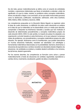 21
De otro lado, pensar matemáticamente se define como el conjunto de actividades
mentales u operaciones intelectuales que llevan al estudiante a entender y dotar de
significado a lo que le rodea, resolver un problema sobre conceptos matemáticos,
tomar una decisión o llegar a una conclusión, en los que están involucrados procesos
como la abstracción, justificación, visualización, estimación, entre otros (Cantoral,
2005; Molina, 2006; Carretero y Ascencio, 2008).
Las competencias propuestas en la Educación Básica Regular se organizan sobre
la base de cuatro situaciones. La definición de estas cuatro situaciones se sostiene
en la idea de que la matemática se ha desarrollado como un medio para describir,
comprender e interpretar los fenómenos naturales y sociales que han motivado el
desarrollo de determinados procedimientos y conceptos matemáticos propios de
cada situación (OECD, 2012). En este sentido, la mayoría de países ha adoptado una
organización curricular basada en estos fenómenos, en la que subyacen numerosas
clases de problemas, con procedimientos y conceptos matemáticos propios de cada
situación. Por ejemplo, fenómenos como la incertidumbre, que pueden descubrirse
en muchas situaciones habituales, necesitan ser abordados con estrategias y
herramientas matemáticas relacionadas con la probabilidad. Asimismo, fenómenos o
situaciones de equivalencias o cambios necesitan ser abordados desde el álgebra; las
situaciones de cantidades se analizan y modelan desde la aritmética o los números;
las de formas, desde la geometría.
Por las razones descritas, las competencias se formulan como actuar y pensar
matemáticamente a través de situaciones de cantidad; regularidad, equivalencia y
cambio; forma, movimiento y localización; gestión de datos e incertidumbre.
Actúa y piensa
matemáticamente
en situaciones de
cantidad.
Actúa y piensa
matemáticamente
en situaciones de
gestión de datos e
incertidumbre.
Actúa y piensa
matemáticamente
en situaciones
de forma,
movimiento y
localización.
Actúa y piensa
matemáticamente
en situaciones
de regularidad,
equivalencia y
cambio.
MATEMÁTICA
 