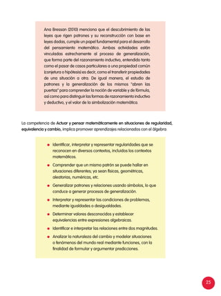 25
Ana Bressan (2010) menciona que el descubrimiento de las
leyes que rigen patrones y su reconstrucción con base en
leyes dadas, cumple un papel fundamental para el desarrollo
del pensamiento matemático. Ambas actividades están
vinculadas estrechamente al proceso de generalización,
que forma parte del razonamiento inductivo, entendido tanto
como el pasar de casos particulares a una propiedad común
(conjetura o hipótesis) es decir, como el transferir propiedades
de una situación a otra. De igual manera, el estudio de
patrones y la generalización de los mismos "abren las
puertas” para comprender la noción de variable y de fórmula,
así como para distinguir las formas de razonamiento inductivo
y deductivo, y el valor de la simbolización matemática.
La competencia de Actuar y pensar matemáticamente en situaciones de regularidad,
equivalencia y cambio, implica promover aprendizajes relacionados con el álgebra:
	 Identificar, interpretar y representar regularidades que se
reconocen en diversos contextos, incluidos los contextos
matemáticos.
	 Comprender que un mismo patrón se puede hallar en
situaciones diferentes; ya sean físicas, geométricas,
aleatorias, numéricas, etc.
	 Generalizar patrones y relaciones usando símbolos, lo que
conduce a generar procesos de generalización.
	 Interpretar y representar las condiciones de problemas,
mediante igualdades o desigualdades.
	 Determinar valores desconocidos y establecer
equivalencias entre expresiones algebraicas.
	 Identificar e interpretar las relaciones entre dos magnitudes.
	 Analizar la naturaleza del cambio y modelar situaciones
o fenómenos del mundo real mediante funciones, con la
finalidad de formular y argumentar predicciones.
 