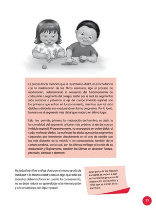 33
Es preciso hacer mención que la Ley Próximo-distal, en concordancia
con la mielinización de las fibras nerviosas, rige el proceso de
maduración, determinando la secuencia del funcionamiento de
cada parte o segmento del cuerpo, razón por la cual los segmentos
más cercanos o próximos al eje del cuerpo (médula espinal) son
los primeros que entran en funcionamiento, mientras que los más
distales o distantes van madurando en forma progresiva. Por lo tanto,
la mano es el segmento más distal que madura en último lugar.
Esta ley permite, primero, la maduración del hombro; es decir, la
funcionalidad del segmento articular más próximo al eje del cuerpo
(médula espinal). Progresivamente, va avanzando en orden distal: al
codo, muñeca y dedos. La muñeca y los dedos que son los segmentos
corporales que intervienen directamente en el acto de escribir son
los más distantes de la médula y, en consecuencia, también de la
corteza cerebral, por lo cual, son los últimos en llegar a la crisis de su
maduración y lógicamente, también los últimos en alcanzar fuerza,
precisión, dominio o destreza.
No todos los niños y niñas alcanzan el mismo grado de
madurez a la misma edad y esto es algo que todo los
maestros debemos tomar en cuenta. En consecuencia,
no se debe reducir su aprendizaje a la memorización
y a la enseñanza con lápiz y papel.
Gran parte de los fracasos
escolares se deben a que
se fuerzan los procesos de
maduración en los niños y
niñas que se inician en la
escritura.
 