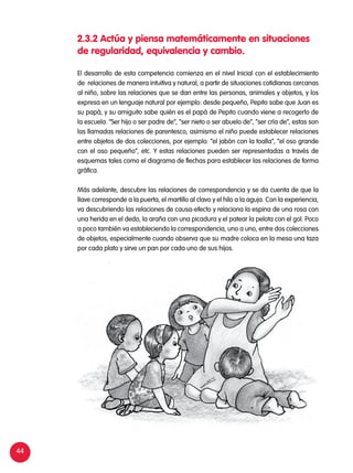 44
2.3.2 Actúa y piensa matemáticamente en situaciones
de regularidad, equivalencia y cambio.
El desarrollo de esta competencia comienza en el nivel Inicial con el establecimiento
de relaciones de manera intuitiva y natural, a partir de situaciones cotidianas cercanas
al niño, sobre las relaciones que se dan entre las personas, animales y objetos, y los
expresa en un lenguaje natural por ejemplo: desde pequeño, Pepito sabe que Juan es
su papá, y su amiguito sabe quién es el papá de Pepito cuando viene a recogerlo de
la escuela. “Ser hijo o ser padre de”, “ser nieto o ser abuelo de”, “ser cría de”, estas son
las llamadas relaciones de parentesco, asimismo el niño puede establecer relaciones
entre objetos de dos colecciones, por ejemplo: “el jabón con la toalla”, “el oso grande
con el oso pequeño”, etc. Y estas relaciones pueden ser representadas a través de
esquemas tales como el diagrama de flechas para establecer las relaciones de forma
gráfica.
Más adelante, descubre las relaciones de correspondencia y se da cuenta de que la
llave corresponde a la puerta, el martillo al clavo y el hilo a la aguja. Con la experiencia,
va descubriendo las relaciones de causa-efecto y relaciona la espina de una rosa con
una herida en el dedo, la araña con una picadura y el patear la pelota con el gol. Poco
a poco también va estableciendo la correspondencia, uno a uno, entre dos colecciones
de objetos, especialmente cuando observa que su madre coloca en la mesa una taza
por cada plato y sirve un pan por cada uno de sus hijos.
 