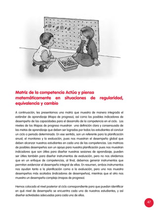 47
Matriz de la competencia Actúa y piensa
matemáticamente en situaciones de regularidad,
equivalencia y cambio
A continuación, les presentamos una matriz que muestra de manera integrada el
estándar de aprendizaje (Mapa de progreso), así como los posibles indicadores de
desempeño de las capacidades para el desarrollo de la competencia en el ciclo. Los
niveles de los Mapas de progreso muestran una definición clara y consensuada de
las metas de aprendizaje que deben ser logradas por todos los estudiantes al concluir
un ciclo o periodo determinado. En ese sentido, son un referente para la planificación
anual, el monitoreo y la evaluación, pues nos muestran el desempeño global que
deben alcanzar nuestros estudiantes en cada una de las competencias. Las matrices
de posibles desempeños son un apoyo para nuestra planificación pues nos muestran
indicadores que son útiles para diseñar nuestras sesiones de aprendizaje; pueden
ser útiles también para diseñar instrumentos de evaluación, pero no nos olvidemos
que en un enfoque de competencias, al final, debemos generar instrumentos que
permitan evidenciar el desempeño integral de ellas. En resumen, ambos instrumentos
nos ayudan tanto a la planificación como a la evaluación, pero uno nos muestra
desempeños más acotados (indicadores de desempeños), mientras que el otro nos
muestra un desempeño complejo (mapas de progreso).
Hemos colocado el nivel posterior al ciclo correspondiente para que puedan identificar
en qué nivel de desempeño se encuentra cada uno de nuestros estudiantes, y así
diseñar actividades adecuadas para cada uno de ellos.
 