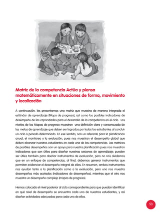 53
Matriz de la competencia Actúa y piensa
matemáticamente en situaciones de forma, movimiento
y localización
A continuación, les presentamos una matriz que muestra de manera integrada el
estándar de aprendizaje (Mapa de progreso), así como los posibles indicadores de
desempeño de las capacidades para el desarrollo de la competencia en el ciclo. Los
niveles de los Mapas de progreso muestran una definición clara y consensuada de
las metas de aprendizaje que deben ser logradas por todos los estudiantes al concluir
un ciclo o periodo determinado. En ese sentido, son un referente para la planificación
anual, el monitoreo y la evaluación, pues nos muestran el desempeño global que
deben alcanzar nuestros estudiantes en cada una de las competencias. Las matrices
de posibles desempeños son un apoyo para nuestra planificación pues nos muestran
indicadores que son útiles para diseñar nuestras sesiones de aprendizaje; pueden
ser útiles también para diseñar instrumentos de evaluación, pero no nos olvidemos
que en un enfoque de competencias, al final, debemos generar instrumentos que
permitan evidenciar el desempeño integral de ellas. En resumen, ambos instrumentos
nos ayudan tanto a la planificación como a la evaluación, pero uno nos muestra
desempeños más acotados (indicadores de desempeños), mientras que el otro nos
muestra un desempeño complejo (mapas de progreso).
Hemos colocado el nivel posterior al ciclo correspondiente para que puedan identificar
en qué nivel de desempeño se encuentra cada uno de nuestros estudiantes, y así
diseñar actividades adecuadas para cada uno de ellos.
 
