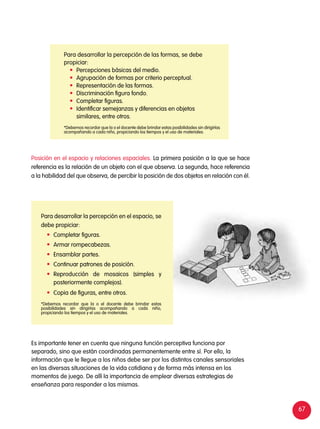 67
Posición en el espacio y relaciones espaciales. La primera posición a la que se hace
referencia es la relación de un objeto con el que observa. La segunda, hace referencia
a la habilidad del que observa, de percibir la posición de dos objetos en relación con él.
Para desarrollar la percepción de las formas, se debe
propiciar:
	 Percepciones básicas del medio.
	 Agrupación de formas por criterio perceptual.
	 Representación de las formas.
	 Discriminación figura fondo.
	 Completar figuras.
	 Identificar semejanzas y diferencias en objetos
similares, entre otros.
*Debemos recordar que la o el docente debe brindar estas posibilidades sin dirigirlas
acompañando a cada niño, propiciando los tiempos y el uso de materiales.
Para desarrollar la percepción en el espacio, se
debe propiciar:
	 Completar figuras.
	 Armar rompecabezas.
	 Ensamblar partes.
	 Continuar patrones de posición.
	Reproducción de mosaicos (simples y
posteriormente complejos).
	 Copia de figuras, entre otros.
*Debemos recordar que la o el docente debe brindar estas
posibilidades sin dirigirlas acompañando a cada niño,
propiciando los tiempos y el uso de materiales.
Es importante tener en cuenta que ninguna función perceptiva funciona por
separado, sino que están coordinadas permanentemente entre sí. Por ello, la
información que le llegue a los niños debe ser por los distintos canales sensoriales
en las diversas situaciones de la vida cotidiana y de forma más intensa en los
momentos de juego. De allí la importancia de emplear diversas estrategias de
enseñanza para responder a las mismas.
 