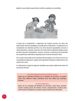 74
registren o que realicen experimentos sencillos y expliquen sus resultados
A través de la manipulación y exploración del material concreto, los niños irán
interiorizando diversas estrategias y procedimientos matemáticos. La exploración y la
manipulación de materiales permite a los niños descubrir propiedades comunes a
ciertos elementos, comparar, relacionar de manera libre los diferentes objetos que les
permitan descubrir características, nociones, funciones y relaciones para desarrollar
las competencias matemáticas requeridas para el nivel de educación inicial.
Por lo antes mencionado acerca del desarrollo perceptivo en los niños así como sus
necesidades de exploración, sugerimos los siguientes materiales a implementar en los
sectores de tu aula.
A continuación te sugerimos algunos materiales que puedes implementar dentro de
tus sectores del aula:
SECTOR DE DRAMATIZACIÓN Y SECTOR DEL HOGAR
Aparte de los materiales brindados por el Ministerio de Educación, se pueden
incluir: telas, teléfonos, relojes, calendarios entre otros objetos que contengan
números.
SECTOR DE BIBLIOTECA
Aparte de los materiales del Ministerio de Educación, incluir libros, encartes,
cuentos variados acerca de tamaños, formas, comparaciones, números para
contar hasta el 10 (teniendo en cuenta el rango numérico para cada edad)
 