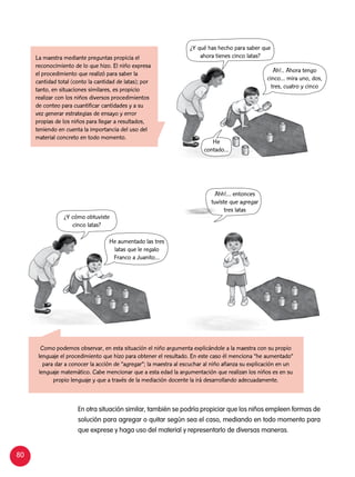 80
La maestra mediante preguntas propicia el
reconocimiento de lo que hizo. El niño expresa
el procedimiento que realizó para saber la
cantidad total (conto la cantidad de latas); por
tanto, en situaciones similares, es propicio
realizar con los niños diversos procedimientos
de conteo para cuantificar cantidades y a su
vez generar estrategias de ensayo y error
propias de los niños para llegar a resultados,
teniendo en cuenta la importancia del uso del
material concreto en todo momento.
Como podemos observar, en esta situación el niño argumenta explicándole a la maestra con su propio
lenguaje el procedimiento que hizo para obtener el resultado. En este caso él menciona “he aumentado”
para dar a conocer la acción de “agregar”; la maestra al escuchar al niño afianza su explicación en un
lenguaje matemático. Cabe mencionar que a esta edad la argumentación que realizan los niños es en su
propio lenguaje y que a través de la mediación docente la irá desarrollando adecuadamente.
¿Y cómo obtuviste
cinco latas?
Ahh!… entonces
tuviste que agregar
tres latas
En otra situación similar, también se podría propiciar que los niños empleen formas de
solución para agregar o quitar según sea el caso, mediando en todo momento para
que exprese y haga uso del material y representarlo de diversas maneras.
Ah!.. Ahora tengo
cinco… mira uno, dos,
tres, cuatro y cinco
He aumentado las tres
latas que le regalo
Franco a Juanito…
¿Y qué has hecho para saber que
ahora tienes cinco latas?
He
contado…
 