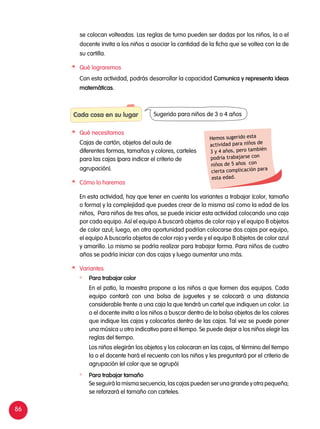 86
se colocan volteadas. Las reglas de turno pueden ser dadas por los niños, la o el
docente invita a los niños a asociar la cantidad de la ficha que se voltea con la de
su cartilla.
	 Qué lograremos
	 Con esta actividad, podrás desarrollar la capacidad Comunica y representa ideas
matemáticas.
Cada cosa en su lugar
	 Qué necesitamos
	 Cajas de cartón, objetos del aula de
diferentes formas, tamaños y colores, carteles
para las cajas (para indicar el criterio de
agrupación).
	 Cómo lo haremos
Sugerido para niños de 3 o 4 años
Hemos sugerido esta
actividad para niños de
3 y 4 años, pero también
podría trabajarse con
niños de 5 años con
cierta complicación para
esta edad.
	 En esta actividad, hay que tener en cuenta los variantes a trabajar (color, tamaño
o forma) y la complejidad que puedes crear de la misma así como la edad de los
niños, Para niños de tres años, se puede iniciar esta actividad colocando una caja
por cada equipo. Así el equipo A buscará objetos de color rojo y el equipo B objetos
de color azul; luego, en otra oportunidad podrían colocarse dos cajas por equipo,
el equipo A buscaría objetos de color rojo y verde y el equipo B objetos de color azul
y amarillo. Lo mismo se podría realizar para trabajar forma. Para niños de cuatro
años se podría iniciar con dos cajas y luego aumentar una más.
	Variantes
	 Para trabajar color
	 En el patio, la maestra propone a los niños a que formen dos equipos. Cada
equipo contará con una bolsa de juguetes y se colocará a una distancia
considerable frente a una caja la que tendrá un cartel que indiquen un color. La
o el docente invita a los niños a buscar dentro de la bolsa objetos de los colores
que indique las cajas y colocarlos dentro de las cajas. Tal vez se puede poner
una música u otro indicativo para el tiempo. Se puede dejar a los niños elegir las
reglas del tiempo.
	 Los niños elegirán los objetos y los colocaran en las cajas, al término del tiempo
la o el docente hará el recuento con los niños y les preguntará por el criterio de
agrupación (el color que se agrupó)
	 Para trabajar tamaño
	 Se seguirá la misma secuencia, las cajas pueden ser una grande y otra pequeña;
se reforzará el tamaño con carteles.
 