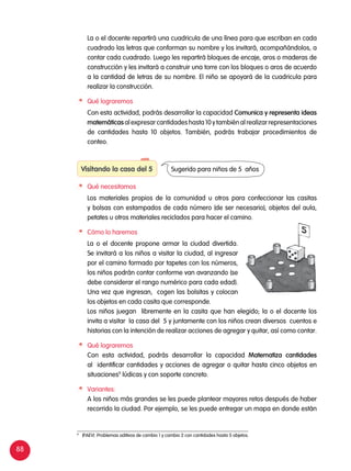 88
	 La o el docente repartirá una cuadricula de una línea para que escriban en cada
cuadrado las letras que conforman su nombre y los invitará, acompañándolos, a
contar cada cuadrado. Luego les repartirá bloques de encaje, aros o maderas de
construcción y les invitará a construir una torre con los bloques o aros de acuerdo
a la cantidad de letras de su nombre. El niño se apoyará de la cuadricula para
realizar la construcción.
	 Qué lograremos
	 Con esta actividad, podrás desarrollar la capacidad Comunica y representa ideas
matemáticas al expresar cantidades hasta 10 y también al realizar representaciones
de cantidades hasta 10 objetos. También, podrás trabajar procedimientos de
conteo.
Visitando la casa del 5
	 Qué necesitamos
	 Los materiales propios de la comunidad u otros para confeccionar las casitas
y bolsas con estampados de cada número (de ser necesario), objetos del aula,
petates u otros materiales reciclados para hacer el camino.
	 Cómo lo haremos
	 La o el docente propone armar la ciudad divertida.
Se invitará a los niños a visitar la ciudad, al ingresar
por el camino formado por tapetes con los números,
los niños podrán contar conforme van avanzando (se
debe considerar el rango numérico para cada edad).
Una vez que ingresan, cogen las bolsitas y colocan
los objetos en cada casita que corresponde.
	 Los niños juegan libremente en la casita que han elegido; la o el docente los
invita a visitar la casa del 5 y juntamente con los niños crean diversos cuentos e
historias con la intención de realizar acciones de agregar y quitar, así como contar.
	 Qué lograremos
	 Con esta actividad, podrás desarrollar la capacidad Matematiza cantidades
al identificar cantidades y acciones de agregar o quitar hasta cinco objetos en
situaciones9
lúdicas y con soporte concreto.
	Variantes:
	 A los niños más grandes se les puede plantear mayores retos después de haber
recorrido la ciudad. Por ejemplo, se les puede entregar un mapa en donde están
Sugerido para niños de 5 años
9	
(PAEV) Problemas aditivos de cambio 1 y cambio 2 con cantidades hasta 5 objetos.
 
