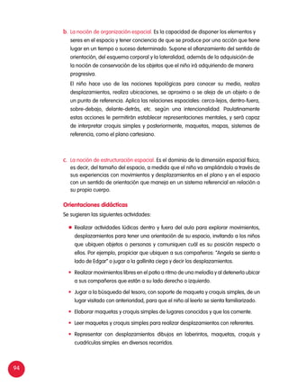 94
b.	 La noción de organización espacial. Es la capacidad de disponer los elementos y
seres en el espacio y tener conciencia de que se produce por una acción que tiene
lugar en un tiempo o suceso determinado. Supone el afianzamiento del sentido de
orientación, del esquema corporal y la lateralidad, además de la adquisición de
la noción de conservación de los objetos que el niño irá adquiriendo de manera
progresiva.
	 El niño hace uso de las nociones topológicas para conocer su medio, realiza
desplazamientos, realiza ubicaciones, se aproxima o se aleja de un objeto o de
un punto de referencia. Aplica las relaciones espaciales: cerca-lejos, dentro-fuera,
sobre-debajo, delante-detrás, etc. según una intencionalidad. Paulatinamente
estas acciones le permitirán establecer representaciones mentales, y será capaz
de interpretar croquis simples y posteriormente, maquetas, mapas, sistemas de
referencia, como el plano cartesiano.
c.	 La noción de estructuración espacial. Es el dominio de la dimensión espacial física;
es decir, del tamaño del espacio, a medida que el niño va ampliándolo a través de
sus experiencias con movimientos y desplazamientos en el plano y en el espacio
con un sentido de orientación que maneja en un sistema referencial en relación a
su propio cuerpo.
Se sugieren las siguientes actividades:
Orientaciones didácticas
	Realizar actividades lúdicas dentro y fuera del aula para explorar movimientos,
desplazamientos para tener una orientación de su espacio, invitando a los niños
que ubiquen objetos o personas y comuniquen cuál es su posición respecto a
ellos. Por ejemplo, propiciar que ubiquen a sus compañeros: “Angela se sienta a
lado de Edgar” o jugar a la gallinita ciega y decir los desplazamientos.
	 Realizar movimientos libres en el patio a ritmo de una melodía y al detenerla ubicar
a sus compañeros que están a su lado derecho o izquierdo.
	 Jugar a la búsqueda del tesoro, con soporte de maqueta y croquis simples, de un
lugar visitado con anterioridad, para que el niño al leerlo se sienta familiarizado.
	 Elaborar maquetas y croquis simples de lugares conocidos y que los comente.
	 Leer maquetas y croquis simples para realizar desplazamientos con referentes.
	 Representar con desplazamientos dibujos en laberintos, maquetas, croquis y
cuadrículas simples en diversos recorridos.
 