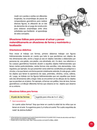 99
Para iniciar el trabajo con formas, primero debemos trabajar con figuras
tridimensionales teniendo en cuenta que todo lo que percibimos son objetos de
tres dimensiones (alto, ancho y largo) ya sea en objetos naturales o elaborados por
personas (ej. una pelota, una piedra, una almohada, etc.). Es decir, nos referimos a
los cuerpos geométricos haciendo alusión a aquellos objetos tridimensionales que
tienen ciertas particularidades, ciertas formas más sencillas, más elementales, más
regulares; por ejemplo, los que presentan caras externas constituidas por polígonos o
círculos, o los que tienen una forma parcial o totalmente redonda, En este grupo, están
los objetos que tienen la apariencia de cajas, pirámides, cilindros, conos, esferas,
etc. Luego, se trabaja con las figuras bidimensionales que son aquellas que tienen
solo dos dimensiones (alto y largo). Estas se encuentran en los dibujos de los objetos
que se perciben en el plano. Por ejemplo, al formar con palillos, tiras de lana, formas
geométricas o al dibujar diferentes formas que observa en los objetos que observa
en su entorno.
Situaciones lúdicas para promover el actuar y pensar
matemáticamente en situaciones de forma y movimiento y
localización
Orientaciones didácticas
medir con cuerdas o varitas con diferentes
longitudes, los ensamblajes de piezas de
rompecabezas geométricos para realizar
diversas figuras, la utilización de un lote
de elementos de un juego de construcción
para elaborar ensamblajes entre otras
actividades que facilitarán el aprendizaje
de estos conceptos.
Situaciones lúdicas para formas
El país de las formas
	 Qué necesitamos
	 Un cuento sobre formas14
(hay que tener en cuenta la edad de los niños que se
tienen en el aula. Te sugerimos para 3 y 4 años el cuento “Por cuatro esquinitas de
nada” de Jérôme Ruillier)15
Sugerido para niños de 3 a 5 años
14	
Al final del fascículo anexaremos el cuento El país de las formas o lo puedes mirar a través de este enlace web https://
www.youtube.com/watch?v=U9KHX7wfw7E
15	
Puedes verlo en este enlace web: https://www.youtube.com/watch?v=DBjka_zQBdQ
 