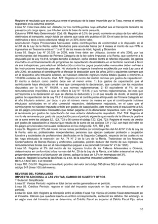 Registre el resultado que se produzca entre el producto de la base Imponible por la Tasa, menos el crédito
registrado en la columna anterior.
Línea 52. Esta línea debe ser utilizada por los contribuyentes cuya actividad sea el transporte terrestre de
pasajeros y/o carga ajena, que tributen sobre la base de renta presunta.
Columna ‘PPM Neto Determinado’ Cód. 66: Registre el 0,3% del precio corriente en plaza de los vehículos
destinados al transporte, según tabla de valores que cada año publica el SII. En el caso de los automóviles
destinados a taxis o taxis colectivos rebaje en un 30% dicho valor.
Acumulación Pagos Provisionales Mensuales: estos contribuyentes de conformidad a lo dispuesto en el
Art.91 de la Ley de la Renta, están facultados para acumular hasta por 4 meses el monto de sus PPM e
ingresarlos en Tesorería entre el 1° y el 12 de los meses de Abril, Agosto y Diciembre
Línea 53. Según Ley N° 20.326 de 2009, esta línea debe ser utilizada, durante el año 2009, por los
contribuyentes del Impuesto de Primera Categoría de la ley sobre Impuesto a la Renta, que conforme a lo
dispuesto por la Ley 19.518, tengan derecho a deducir, como crédito contra el referido impuesto, los gastos
incurridos en el financiamiento de programas de capacitación desarrollados en el territorio nacional a favor
de sus trabajadores, para efectuar tal deducción contra los pagos provisionales mensuales deben ceñirse a
las instrucciones impartidas para ello. No obstante la vigencia transitoria establecida por esta Ley para el
año 2009, se autoriza al contribuyente a efectuar la deducción para los años 2010 y siguientes siempre que
en el respectivo año tributario anterior, se hubiesen obtenido ingresos brutos totales iguales o inferiores a
100.000 unidades de fomento. Cód. 721: Registre el monto del crédito del mes por gastos de capacitación.
El monto a deducir como crédito debe ser el menor entre: 1) Los gastos de capacitación que el
contribuyente haya efectuado en el mes que corresponda la declaración, que cumplan con los requisitos
dispuestos por la ley N° 19.518, y sus normas reglamentarias; 2) El equivalente al 1% de las
remuneraciones imponibles a que se refiere la Ley N° 19.518, y sus normas reglamentarias, del mes que
corresponda a la declaración en que se efectúa la deducción y 3) el que resulte de dividir, el crédito por
gastos de capacitación del la Ley 19.518 imputado por el contribuyente al Impuesto de Primera Categoría en
el año tributario anterior, por doce, o por el número menor de meses en que el contribuyente hubiese
efectuado actividades en el año comercial respectivo, debidamente reajustado, en el caso que el
contribuyente no hubiese imputado crédito por gastos de capacitación, éste monto será el equivalente al 5%
de los pagos provisionales mensuales que deban pagarse en la declaración respectiva. Cód. 722: Registre
el remanente por gastos de capacitación del mes anterior debidamente reajustado. Cód. 724: Registre el
monto de remanente por gasto de capacitación para el periodo siguiente que resulta de la diferencia positiva
de la suma entre los códigos 62, 123, 703 y 66 contra el código 723. Cód. 723: Registre el monto de crédito
por gastos de capacitación a imputar que resulta de la suma de los códigos 721 y 722, con tope del valor de
los pagos provisionales mensuales declarados en los códigos 62, 123, 703 y 66.
Línea 54. Registre el 10% del monto de las rentas percibidas por contribuyentes del Art.42 N° 2 de la Ley de
la Renta, esto es, profesionales independientes; personas que ejerzan cualquier profesión u ocupación
lucrativa y sociedades de profesionales clasificadas en la Segunda Categoría, respecto de las cuales no se
les haya efectuado la retención del Art. 74 N° 2 de la Ley de la Renta. Tratándose de los Notarios,
Conservadores de Bienes Raíces y Archiveros Judiciales, podrán deducir del monto de sus ingresos, las
remuneraciones brutas que en el mes respectivo paguen a su personal (Circular N° 21 de 1991).
Línea 55. Registre el 3% del monto de los ingresos brutos de los Talleres Artesanales u Obreros,
determinados en conformidad a las normas del Art. 29 de la Ley de la Renta, si el taller artesanal se dedica
preponderantemente a la fabricación de bienes, aplique la tasa de 1,5% en reemplazo del 3%.
Línea 56. Registre la suma de las líneas 40 a 55, de la columna Impuesto Determinado.
RESULTADO DEL EJERCICIO
Línea 105. Cód.91: Registre el resultado positivo del valor del código 595 (línea 56) ó el valor registrado en
código 547 (línea 100) del reverso.

REVERSO DEL FORMULARIO
IMPUESTO ADICIONAL A LAS VENTAS, CAMBIO DE SUJETO Y OTROS
Tributación Simplificada:
Línea 57. Ventas Período: registre el total de las ventas generadas en el período.
Línea 58. Créditos Período: registre el total del impuesto soportado en las compras efectuadas en el
período.
Línea 59. Cód. 409: Registre la diferencia entre el Débito Fiscal Fijo menos el Crédito Fiscal determinado en
el trimestre. Cálculo que quedará inserto en el libro correspondiente, anotando los débitos. Sin embargo, si
en algún mes del trimestre que se determina, el Crédito Fiscal es superior al Débito Fiscal Fijo, estos


                                                                                                           10
 