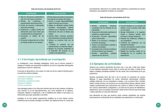 58 59
Rol del docente
•	 Elige las situaciones problemáticas
que van a dar lugar a proyectos.
•	 Plantea las condiciones y
requerimientos del producto final.
•	 Provee de recursos e información
clave para el trabajo.
•	 Proporciona y sugiere fuentes de
información para reunir datos que
complementen las indagaciones.
•	 Acompaña el trabajo de los
equipos.
•	 Promueve el desarrollo de un clima
de trabajo positivo en los equipos.
Rol del estudiante
•Planteaideasparaelaborarelproyecto.
• Se organiza en equipos de trabajo.
• Asume y cumple responsabilidades,
según la función que le toque.
• Indaga en diferentes fuentes (textos
escolares, enciclopedias, internet,
etcétera) con la finalidad de obtener
información útil para el trabajo que
realiza.
• Expresa ideas, construye acuerdos,
tomadecisionesyresuelveproblemas.
• Elabora un producto final con su
equipo.
• Compara su producto con los
requerimientos y condiciones dadas.
• Registra los procesos realizados en
el desarrollo del proyecto, en su
cuaderno de experiencias.
Roles del docente y del estudiante del III Ciclo
La investigación, como estrategia pedagógica, busca que el alumno aprenda a
indagar en ámbitos que representan problemas, así como a responder interrogantes
basándose en hechos o evidencias.
El proceso se desarrolla en cinco pasos, en cada uno de los cuales el docente guía a
sus alumnos mientras trabajan:
a) Identificar la pregunta o problema.
b) Formular la hipótesis.
c) Recolectar y presentar los datos.
d) Evaluar la hipótesis.
e) Sacar conclusiones.
Esta estrategia prepara a los niños para afrontar retos de la vida cotidiana, problemas
cuya solución no se da espontáneamente, sino como resultado de su esfuerzo,
búsqueda, reflexión e imaginación, y de su habilidad para utilizar lo que saben y la
información que hayan aprendido a encontrar.
Investigar no es solo realizar experimentos científicos en el aula. Existen muchos
problemas que se pueden investigar con interés. Solo debemos tomar en cuenta esta
3.1.3 Estrategia: Aprendizaje por investigación
Rol del estudiante
•	 Formula hipótesis en sus equipos de
trabajo y toma acuerdos sobre ellas
con sus pares.
•	 Recoge información y la organiza.
Acude a diversas fuentes para
encontrar y recoger evidencias.
•	 Presenta las evidencias halladas a
sus compañeros.
•	 Contrasta las evidencias con las
hipótesis formuladas.
•	 Formula conclusiones y juicios críticos
a partir de lo investigado.
•	 Registra los procesos vividos en su
investigación en su cuaderno de
experiencias.
Rol del docente
•	 Plantea problemas retadores,
conectados con los intereses de sus
estudiantes.
•	 Proporciona información pertinente al
problema y sugiere fuentes.
•	 Proporciona recursos organizativos
para la información.
•	 Motiva a los alumnos a investigar y
encontrar respuestas.
•	 Ayuda a sus estudiantes a plantear y
verificar sus hipótesis.
•	 Acompaña todo el tiempo el trabajo y
brinda el refuerzo que necesiten.
•	 Muestra expectativas positivas
respecto de sus alumnos.
3.2 Ejemplos de actividades
Sabemos que nuestros estudiantes del tercer ciclo, a sus seis o siete años, llegan
al aula habiendo aprendido mucho sobre el mundo que los rodea, a través de sus
juegos y múltiples actividades infantiles. Por ello, tienen más conocimientos de lo que
suponemos.
Nuestros estudiantes fuera del aula o de la escuela se comportan de manera
diferente. El juego espontáneo los anima, interactúan intensamente. Entablan
múltiples relaciones con sus compañeros y amigos, y con su entorno físico. También
hablan consigo mismos y se comunican con sus pares todo el tiempo; además, tienen
códigos insospechados para relacionarse aun cuando no hablen el mismo idioma.
Son curiosos, observadores, indagadores y, con toda esa rica gama de habilidades y
experiencias, sacan sus propias conclusiones. Saben tal vez más de lo que se les exige
u ofrece aprender en la escuela tradicional.
Esos elementos de juicio que tenemos sobre nuestros estudiantes nos servirán
enormemente en el desarrollo de las actividades que presentamos a continuación.
recomendación: seleccionar con cuidado estos problemas y presentarlos de manera
motivadora, para despertar el interés y la curiosidad.
Roles del docente y del estudiante del III Ciclo
 