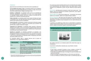 80 81
Orientaciones
Algunas técnicas recomendadas para el desarrollo de estas capacidades son:
Uso de la biblioteca del colegio o la web: Los estudiantes podrán recurrir a la biblioteca
del colegio para consultar la bibliografía del caso; asimismo, a la web, a fin de buscar
información confiable referida a biología, entomología u otros.
Entrevistas a profesionales: Los estudiantes podrán recurrir, en la búsqueda de
información especializada, a profesionales en el tema, como técnicos expertos
en compostaje, biólogos, jardineros, entre otros, a quienes se les podrá hacer las
preguntas de un cuestionario previamente elaborado.
Trabajo colaborativo: Los estudiantes podrán forman equipos de trabajo para lograr
un aprendizaje común. Esto exige intercambiar información, ayudarse mutuamente y
trabajar juntos durante el proceso de investigación.
Grupos de discusión: Los estudiantes, en equipos, examinarán la información recogida
con la finalidad de relacionar y organizar los conocimientos que se estudian. Esto
permitirá afinar y ampliar la información recogida.
Organización de la información: Los estudiantes podrán organizar la información
relevante en forma gráfica o escrita, a fin de mejorar la significancia lógica del tema de
la investigación. Los docentes les proporcionaremos diferentes tipos de organizadores
y las técnicas del caso para que los construyan.
Exposición de respuestas: Los estudiantes presentarán sus respuestas a las
interrogantes planteadas, ya sea por escrito (informe u otro, como vimos en el caso de
la indagación) o a través de una exposición oral, en la que explicarán sus respuestas
a cada una de las interrogantes con argumentos sólidos. El lenguaje que usen tendrá
que hacerse científico, poco a poco.
Los estudiantes deberían utilizar la siguiente estructura para el proceso de
argumentación, la cual, según Pedrinaci (2008), es5
:
Ideas de partida
Afirmación sobre la que se organiza la
argumentación
Datos
Cifras, hechos, observaciones o evidencias que apoyan
una afirmación.
Justificaciones
Frases que explican la relación entre los datos y la idea de
partida. Pueden incluir conocimientos teóricos en los que
se basa la justificación (fundamentos).
Conclusiones
Idea final que se deduce de la argumentación. Puede no
coincidir con la idea de partida, pero tiene que derivarse
del cuerpo de la argumentación.
5	 Citado por María Pilar Jiménez Aleixandre (2010), define «argumentar» como «evaluar el conocimiento a partir de las pruebas disponibles».
Considera, por tanto, que para hablar de argumentación es necesario que haya conocimiento y que se aporten pruebas (datos, observaciones,
experiencias, razones), con la intención de confirmarlo o refutarlo.
Por supuesto que nuestros estudiantes del tercer ciclo no reunirán todos estos requisitos
en sus argumentaciones, pero podremos insistir en que deben aportar los datos
obtenidos en sus indagaciones o lecturas. Para ello, deberemos hacerle preguntas
como:
Para los datos: ¿Qué información encontraste en el libro que has leído sobre…? (por
ejemplo: ¿qué son los chanchitos de la humedad?, ¿dónde viven?, ¿cómo respiran?,
¿cómo se reproducen?, etcétera).
Para las justificaciones: ¿Por qué razón sostienes que…? (por ejemplo: ¿los chanchitos
de tierra no son insectos?, ¿deben vivir en lugares húmedos?, etcétera).
Para las conclusiones: ¿Qué sabes ahora del chanchito que no sabías antes? ¿Por
qué podemos afirmar que, cuando terminen de desarrollar, los hijos de los chanchitos
serán iguales a sus padres? ¿Es que de pequeños no lo son? ¿Qué les falta para ser
iguales a ellos?
La siguiente es una actividad que muestra cómo se puede trabajar la competencia:
«Indaga, mediante métodos científicos, situaciones que pueden ser investigadas por la
ciencia» y «Explica el mundo físico, basado en conocimientos científicos».
Idea científica relacionada: «Los materiales pueden sufrir cambios físicos según sus
características».
Conocimientos: Cambios físicos: densidad, peso, masa, flotación, inmersión.
Comprensiones:
•	El agua cambia su densidad al aumentar su masa y mantiene su volumen. Por
ejemplo, al disolver una gran cantidad de sal en ella para formar salmuera.
•	El huevo flota si la densidad del agua con sal (agua en la que se ha disuelto sal) es
mayor que la del huevo.
•	El huevo se sumerge si la densidad del agua con sal es menor que la del huevo.
•	El huevo se mantiene en la mitad de la masa de agua si la densidad del agua con
Actividad experimental y de explicación con conocimientos científicos
¿Qué pasa con los tres huevos en los vasos, como muestra la foto?
 