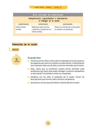 En grupo clase
	 Conversaconlosniños yniñassobrelotrabajadoenlaclaseanterior,
los aspectos que vieron en relación a la descripción, la planificación
que realizaron cada uno de ellos y el primer borrador que hicieron.
	 Diles, ahora que ya escribimos nuestro primer borrador ¿qué
tendríamos que hacer para poder entregar a nuestros compañeros
su descripción? Escúchalos y anota sus respuestas.
	 Establece con los niños el propósito de la sesión: revisar las
descripciones que hicimos sobre nuestros compañeros.
	 Acuerda las normas que permitirán el desarrollo de la sesión.
15minutos
INICIO
Momentos de la sesión
1.
Competencia(s), capacidad(es) e indicador(es)
a trabajar en la sesión
COMPETENCIAS CAPACIDADES INDICADORES
Produce textos
escritos.
Reflexiona sobre la forma,
contenido y contexto de sus
textos escritos.
Revisa el contenido de su descripción
en relación a lo planificado.
Área curricular de Comunicación
189
Cuarto Grado - Unidad 2 - Sesión 20
 